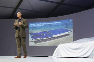Nick Sampson speaks during Faraday Future's concept vehicle FFZERO1 unveiling at an event before the start of the Consumer Electronics Show on Monday, Jan. 4, 2016, in a parking lot across the street from the Luxor.