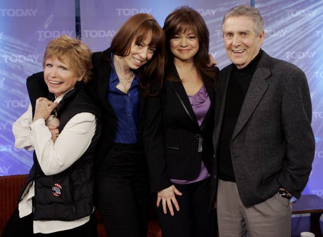 In this Feb. 26, 2008, file photo, cast members Bonnie Franklin, MacKenzie Phillips, Valerie Bertinelli and Pat Harrington of the 1970s TV sitcom "One Day at a Time" take part in a reunion segment on NBC's "Today" in New York. Harrington, who played apartment super Dwayne Schneider on the hit CBS sitcom, died Wednesday, Jan. 6, 2016, of complications from Alzheimer’s disease. He was 86.