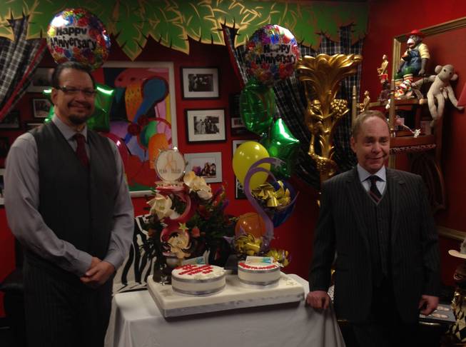 Penn & Teller celebrate their 15th anniversary at the Rio before their show Tuesday night, January 5, 2016.