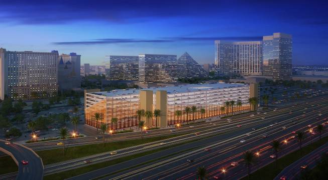 This architectural rendering provided by MGM Resorts International shows a proposed new MGM Resorts parking garage. Casino giant MGM Resorts International will announce Friday, Jan. 15, 2016, that it plans to begin charging visitors for parking this year at some of its properties in Las Vegas.