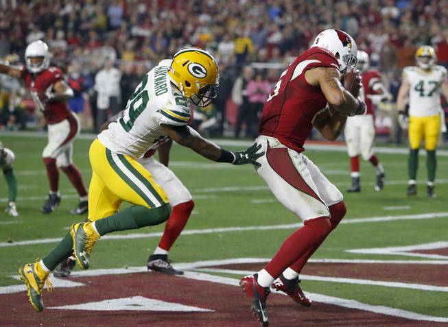 Arizona Cardinals wide receiver Michael Floyd (15) catches a tipped pass in the end zone for a touchdown as Green Bay Packers cornerback Casey Hayward (29) defends. 