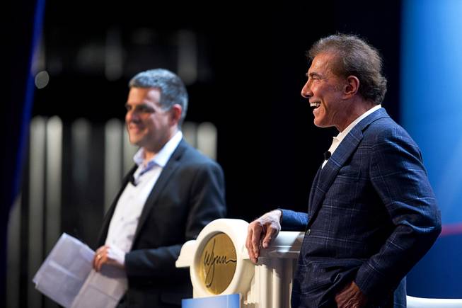Steve Wynn, right, chairman and CEO of Wynn Resorts, takes questions after a keynote address during the annual Electronics For Imaging (EFI) users conference at Wynn Las Vegas Tuesday, Jan. 19, 2016. At left is Guy Gecht, CEO of  Electronics For Imaging. Electronics For Imaging is a Silicon Valley company focused on printing technology.