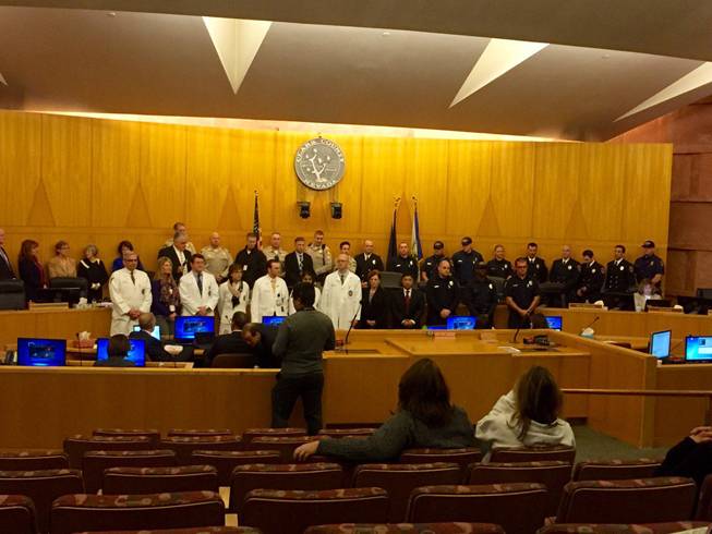 The Clark County Commission on Tuesday, Jan. 19, 2016, recognized emergency workers who responded to a mass casualty crash along the Las Vegas Strip on Dec. 20, 2015.