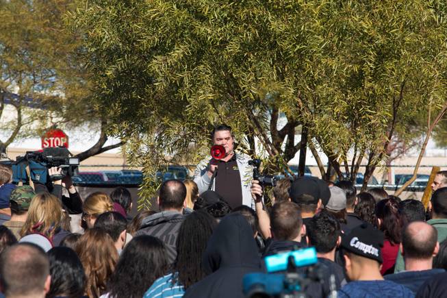 Scott Shaw, of Go Solar, speaks to supporters gathered at Town Square Las Vegas to rally for a new bill that will restore prior rooftop solar rates, Monday Jan. 25, 2016.