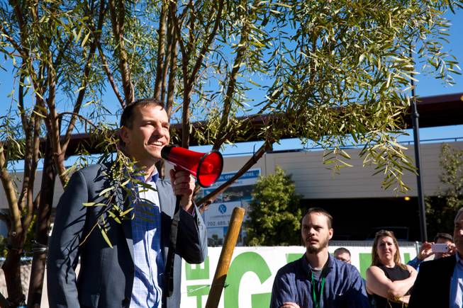 Marco Krapels, Senior VP of Strategy SolarCity, speaks to supporters gathered at Town Square Las Vegas to rally for a new bill that will restore prior rooftop solar rates, Monday Jan. 25, 2016.