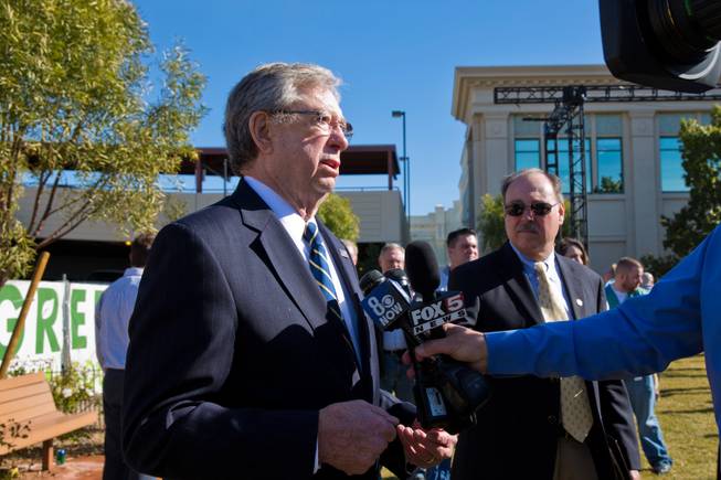 Former Gov. Bob List speaks to the press in support of a new bill that will restore prior rooftop solar rates during a rally held at Town Square Las Vegas, Monday Jan. 25, 2016.