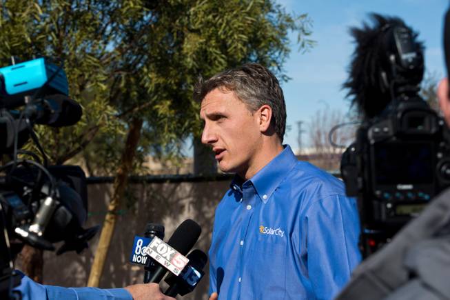 SolarCity CEO Lyndon Rive speaks to the press in support of a new bill that will restore prior rooftop solar rates during a rally held at Town Square Las Vegas, Monday Jan. 25, 2016.