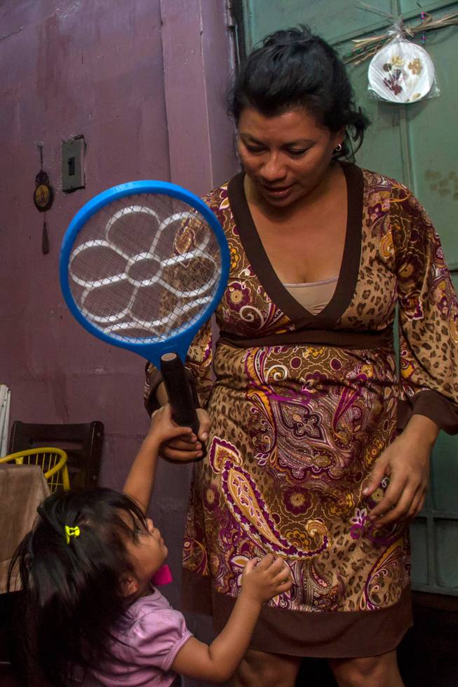 Guadalupe Urquilla, who is pregnant, gives her daughter Alejandra, 2, a mosquito zapper Jan. 29, 2016, in their home in San Salvador, El Salvador. As the Zika virus spreads through the hemisphere, authorities in El Salvador have urged women to put off pregnancy for two years. In the meantime, Urquilla has traded her dresses for long pants and closed shoes, scrubs out the family's concrete water tank every three days and writes San Salvador city officials ceaselessly, demanding that they fumigate the trash- and debris-strewn public housing complex where she lives with her husband and daughter.