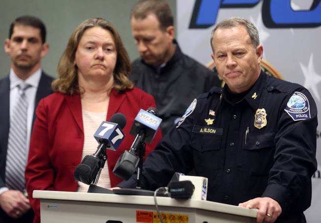 Montgomery County Commonwealth's Attorney Mary Pettitt, left, and Blacksburg Police Chief Anthony Wilson listen to questions during a news conference Saturday, Jan. 30, 2016, in Blacksburg Va. Virginia Tech student, David Eisenhauer, has been charged with first-degree murder in the death of Nicole Madison Lovell, whose remains were found in North Carolina.