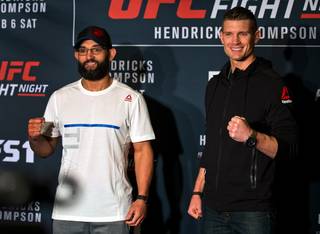 Fighters Johny Hendricks and Stephen Thompson pose off before the cameras during the UFC Fight Night 82 media day at the MGM Grand on Wednesday, February 3, 2016.
