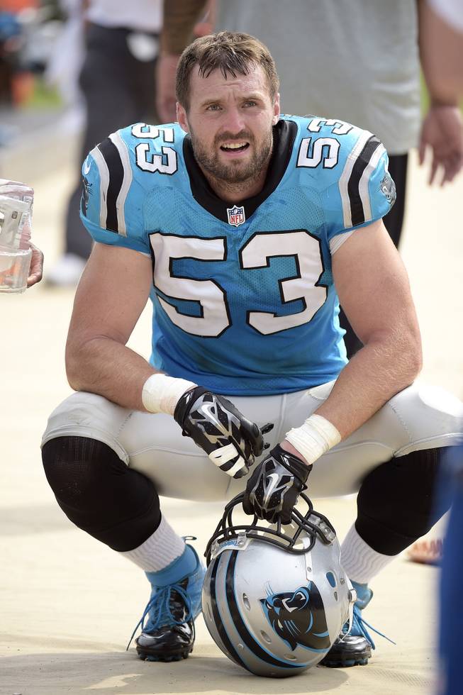 Carolina Panthers linebacker Ben Jacobs watches from the sideline during the second half of an NFL game against the Jacksonville Jaguars on Sunday, Sept. 13, 2015, in Jacksonville, Fla. The Panthers won 20-9. 