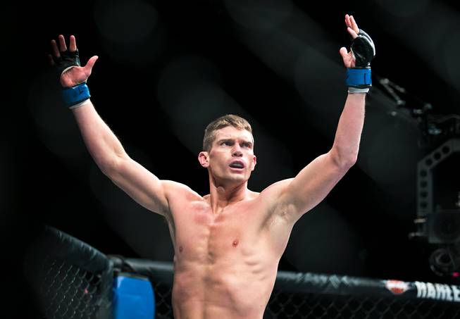 Welterweight Stephen Thompson celebrates his win over Johny Hendricks during their UFC Fight Night 82 match at the MGM Grand Garden Arena on Saturday, February 6 2016.  L.E. Baskow
