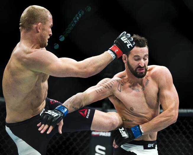 Light Heavyweight Misha Cirkunov slams a kick to the side of Alex Nicholson during their UFC Fight Night 82 match at the MGM Grand Garden Arena on Saturday, February 6 2016.  L.E. Baskow