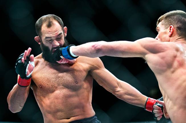 Welterweight Johny Hendricks takes a shot to the chin from Stephen Thompson during their UFC Fight Night 82 match at the MGM Grand Garden Arena on Saturday, February 6 2016.
