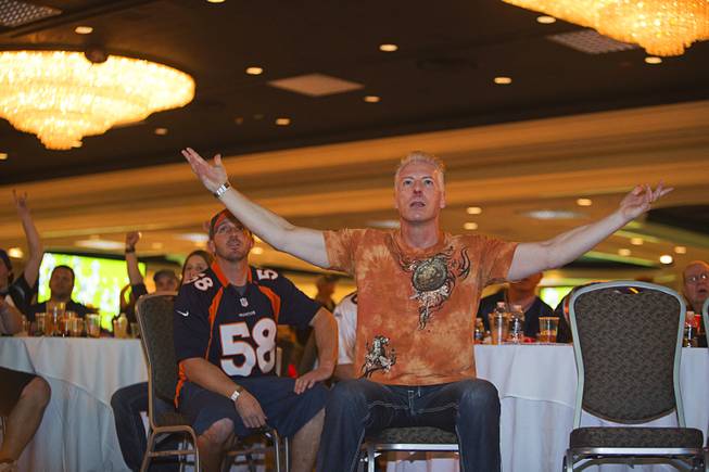 John Evans of Las Vegas questions a call as he as they watches Super Bowl 50 at the Westgate's Pigskin Party Sunday, Feb. 7, 2016.