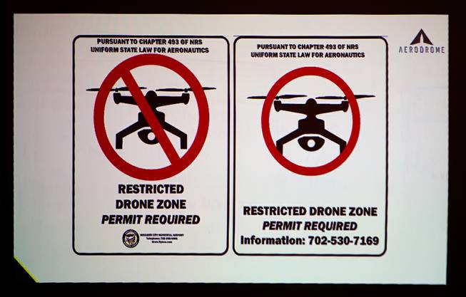 Restricted drone zone signs on Friday, February 5, 2016.