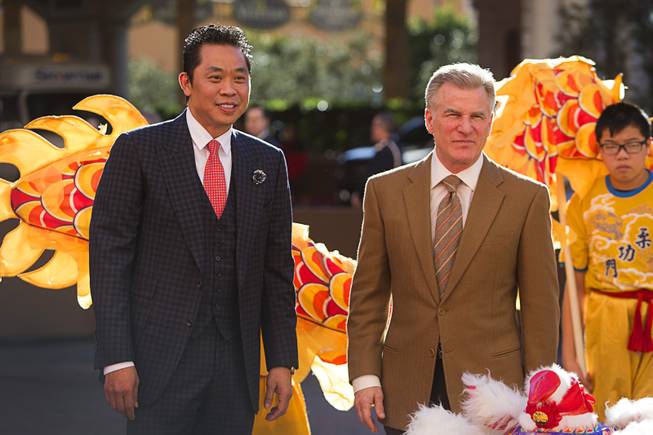 Larry Chiu, left, president of international marketing, and Rob Goldstein, president of Las Vegas Sands, take part in Chinese New Year celebrations at the Venetian and Palazzo Monday, Feb. 8, 2016. The Chinese New Year, the Year of the Monkey, began Monday.