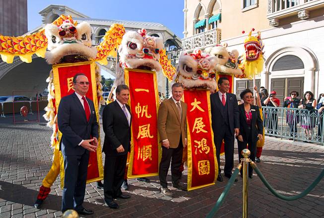 Executives, from left, Pete Boyd, senior vice president of operations, George Markantonis, president/COO of the Venetian/Palazzo and Sands Expo, Rob Goldstein, president of Las Vegas Sands, Larry Chiu, president of international marketing, and Mia Banks, vice president of casino operations, during Chinese New Year celebrations at the Venetian and Palazzo Monday, Feb. 8, 2016. The Chinese New Year, the Year of the Monkey, began Monday.