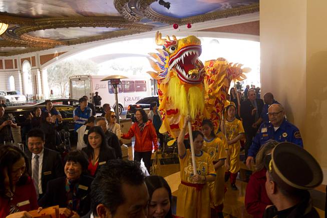 Dragon dancers make their way toward the Venetian lobby during Chinese New Year celebrations at the Venetian and Palazzo Monday, Feb. 8, 2016. The Chinese New Year, the Year of the Monkey, began Monday.
