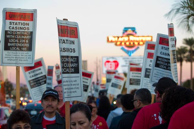 Supporters of Culinary Local 226 gather in front of Palace Station to demonstrate their frustrations with Station Casinos' treatment of employees, Friday Feb 12, 2016. 