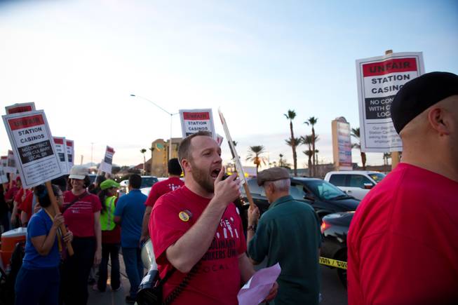 Supporters of Culinary Local 226 gather in front of Palace Station to demonstrate their frustrations with Station Casinos' treatment of employees, Friday Feb 12, 2016. 