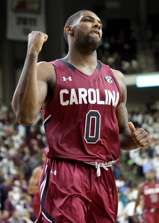 South Carolina's Sindarius Thornwell (0) reacts as the buzzer sounds to end an NCAA college basketball game against Texas A&M, Saturday, Feb. 6, 2016, in College Station, Texas. South Carolina won 81-78.