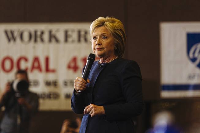 Democratic presidential candidate Hillary Clinton speaks at a rally Saturday, Feb. 13, 2016, in Henderson.