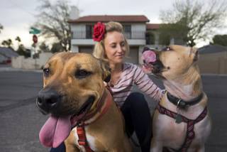 Paige Gordon, along with pit bulls Ava, left, and Ziggy, keep an eye on vacant properties in her neighborhood Sunday, Feb. 28, 2016. STEVE MARCUS