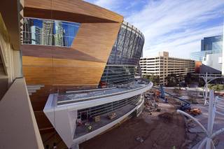 An exterior view of T-Mobile Arena on Tuesday, March 1, 2016, between Monte Carlo and New York-New York. The 20,000-seat arena, a joint venture between AEG and MGM Resorts International, is scheduled to host its first event April 6.