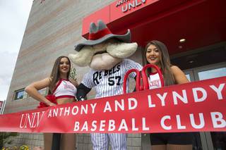 UNLV mascot Hey Reb poses with Pom Girls during the grand opening of the Anthony and Lyndy Marnell III Baseball Clubhouse at UNLV Monday, March 7, 2016.