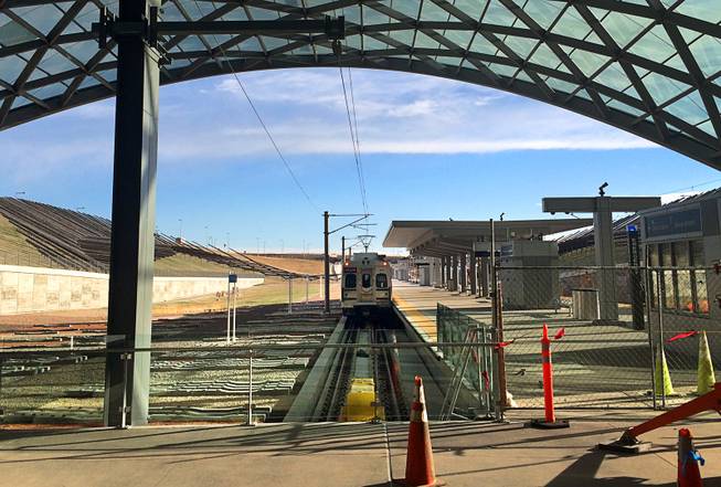 A commuter rail line that is set to debut next month is shown at Denver International Airport, Monday, March 7, 2016.