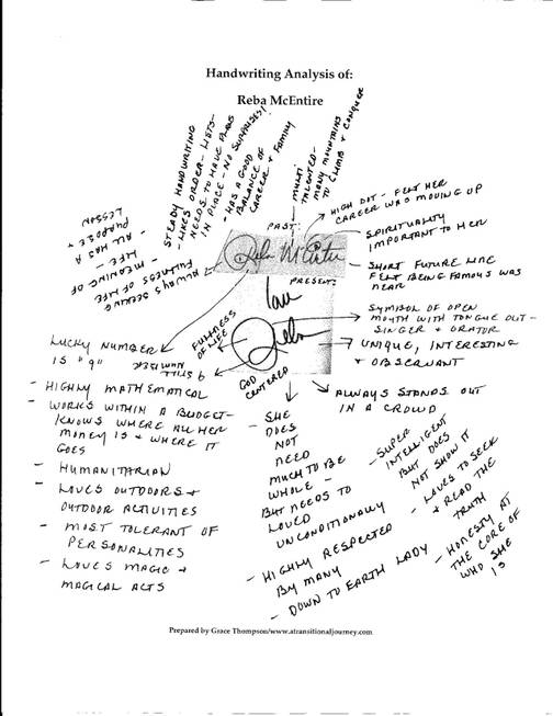 Handwriting analysis of Reba McEntire by Grace Thompson.