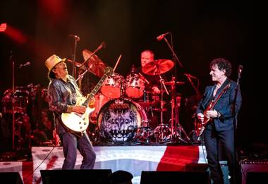 Carlos Santana, Michael Shrieve and Neal Schon back together onstage Monday, March 21, 2016, at House of Blues in Mandalay Bay.