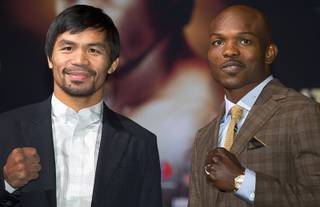 Manny Pacquiao, left, of the Philippines and Timothy Bradley Jr. pose during a final news conference at the MGM Grand Wednesday, April 6, 2016. The welterweight boxers will meet for a third fight at the MGM Grand Garden Arena on Saturday.