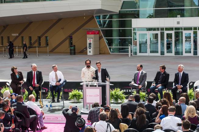 The Killers' Ronnie Vannucci and Brandon Flowers make a guest appearance during a press conference for the T-Mobile Arena's opening day celebration, Wed. April 6, 2016.