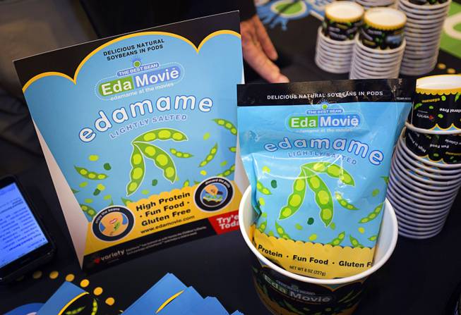 A package of EdaMovie is displayed during the CinemaCon trade show at Caesars Palace Wednesday, April 13, 2016. The edamame offering is designed for theater-goers who are not consumers of traditional concession foods.
