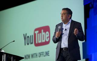 Neal Mohan, YouTube's Chief Product Officer, speaks during the first day of the NAB (National Association of Broadcasters) Show at the Las Vegas Convention Center Monday, April 18, 2016. Mohan announced the introduction of 360-degree live streaming and spatial audio on YouTube.