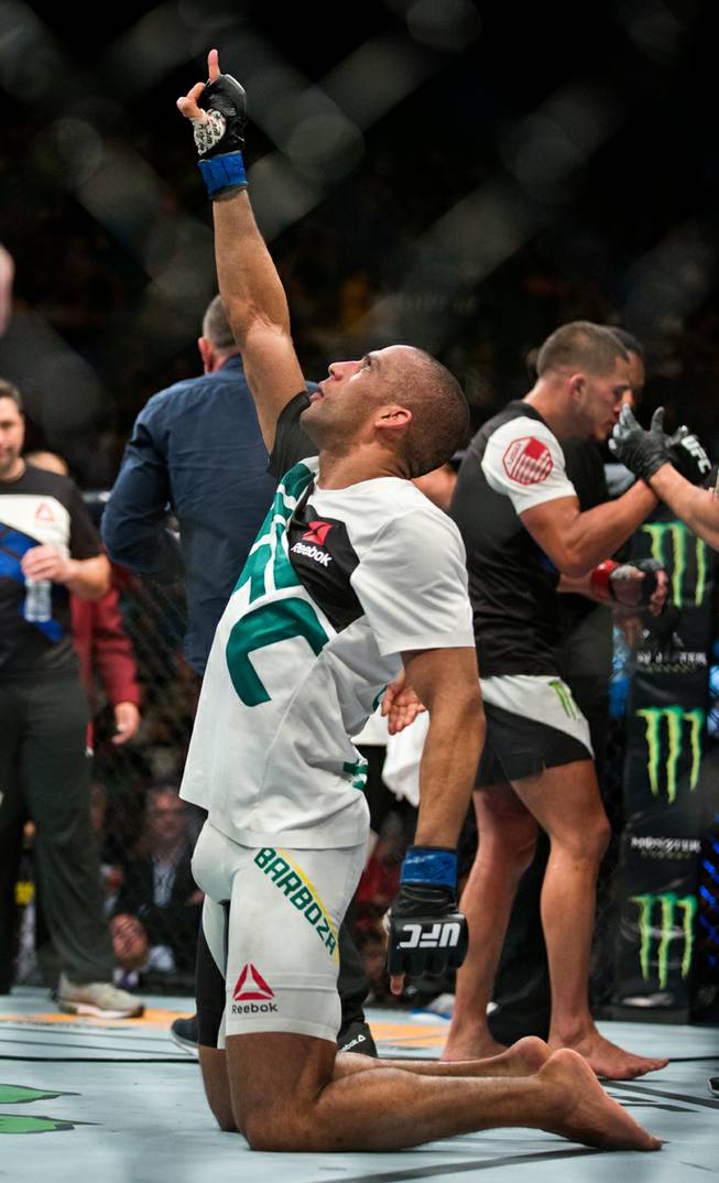 Lightweight Edson Barboza celebrates his win over Anthony Pettis after their UFC 197 match at the MGM Grand Garden Arena on Friday, April 23, 2016.