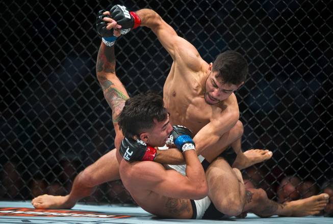 Featherweight Yair Rodriguez dominates Andre Fili during their UFC 197 match at the MGM Grand Garden Arena on Friday, April 23, 2016.