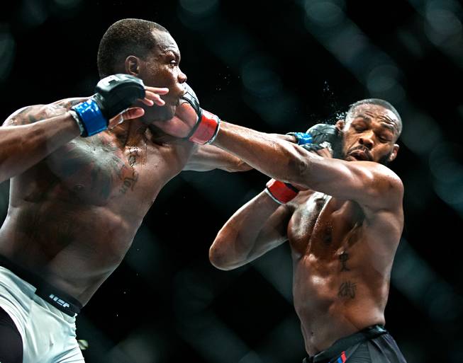 Light Heavyweight Ovince St. Preux trades blows with Jon Jones during their UFC 197 match at the MGM Grand Garden Arena on Friday, April 23, 2016.