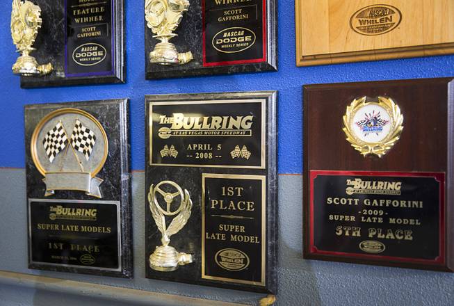 Plaques and trophies cover the walls in Scott Gafforini's Henderson garage Sunday, April 24, 2016. Gafforini has dominated the Bullring at the Las Vegas Motor Speedway since its inception, winning over 60 races.