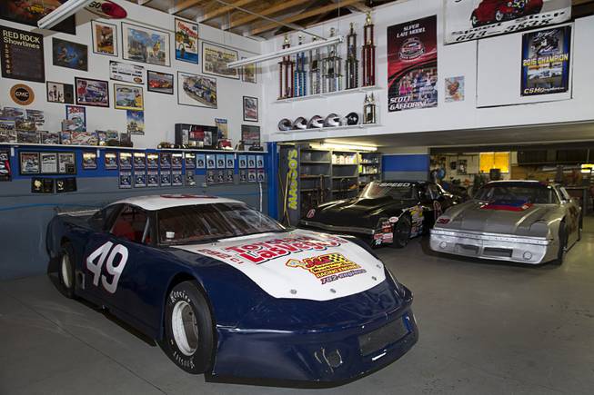 Scott Gafforini's NASCAR Super Late Model division back-up racecar is shown at his garage in Henderson Sunday, April 24, 2016. In the background is a Super Stock division racecar owned by Chad Matos, left, and one owned by Johnny Spilatro. Spilatro's car was the first Super Stock racecar owned by NASCAR driver Kurt Busch, Gafforini said.