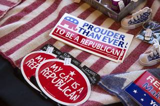 Republican-themed merchandise is displayed during a town hall meeting for Congressional District 3 candidates sponsored by the Southern Hills Republican Women's Club at Buckman's Grille in Henderson Tuesday, April 26, 2016.