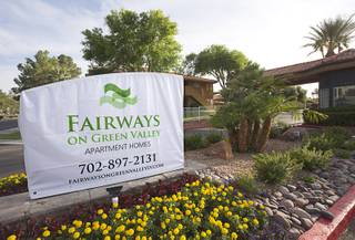 A view of a temporary sign for the Fairways Green Valley Apartment Homes, formerly the Camden Fairways Apartments, 1851 N. Green Valley Parkway, in Henderson April 26, 2016. On Tuesday, the Camden Property Trust announced the sale of 15 properties, a retail center and undeveloped land in the Las Vegas Valley.
