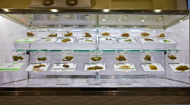A display case shows products available at Essence Cannabis Dispensary on Friday, April 22, 2016.