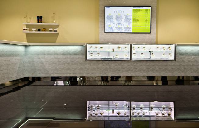 A display case shows some of the products available at Essence Cannabis Dispensary on Friday, April 22, 2016.