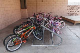 A rack of bicycles outside the Michael O'Bannon Cottage at Child Haven in Las Vegas on April 21, 2016.