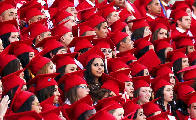 In this June 7, 2014, file photo, Odessa High graduates stand for a group portrait before the start of commencement in Odessa, Texas. It’s not a promising picture for the nation’s high school seniors. They are slipping in math, not making strides in reading, and only about one-third are prepared for the academic challenges of entry-level college courses. 
