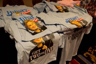 Hillary T-Shirts for sale at the state Democratic Party convention at Paris Hotel and Casino, Las Vegas, Saturday May 14, 2016.