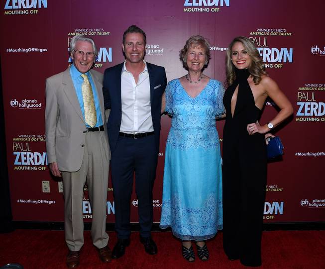 Dan Zerdin, Paul Zerdin, Hillary Zerdin and Robyn Mellor arrive at the grand opening of Paul Zerdin’s “Mouthing Off” on Friday, May 13, 2016, at Planet Hollywood.